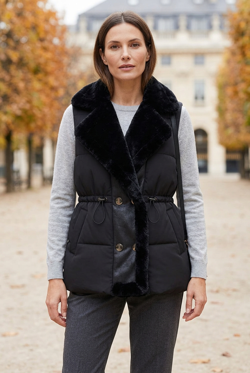 Gilet noir porté en extérieur