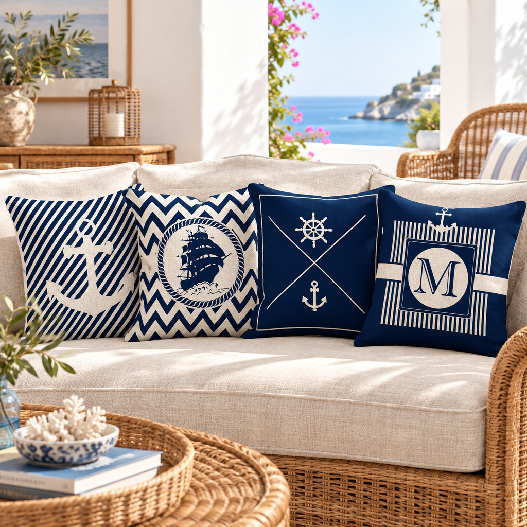 Housses de coussin nautiques sur canapé en lin