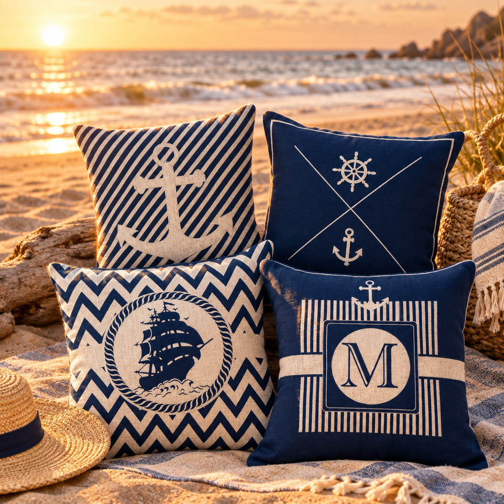 Housses de coussin nautiques sur plage dorée