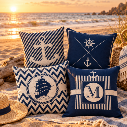 Housses de coussin nautiques sur plage dorée