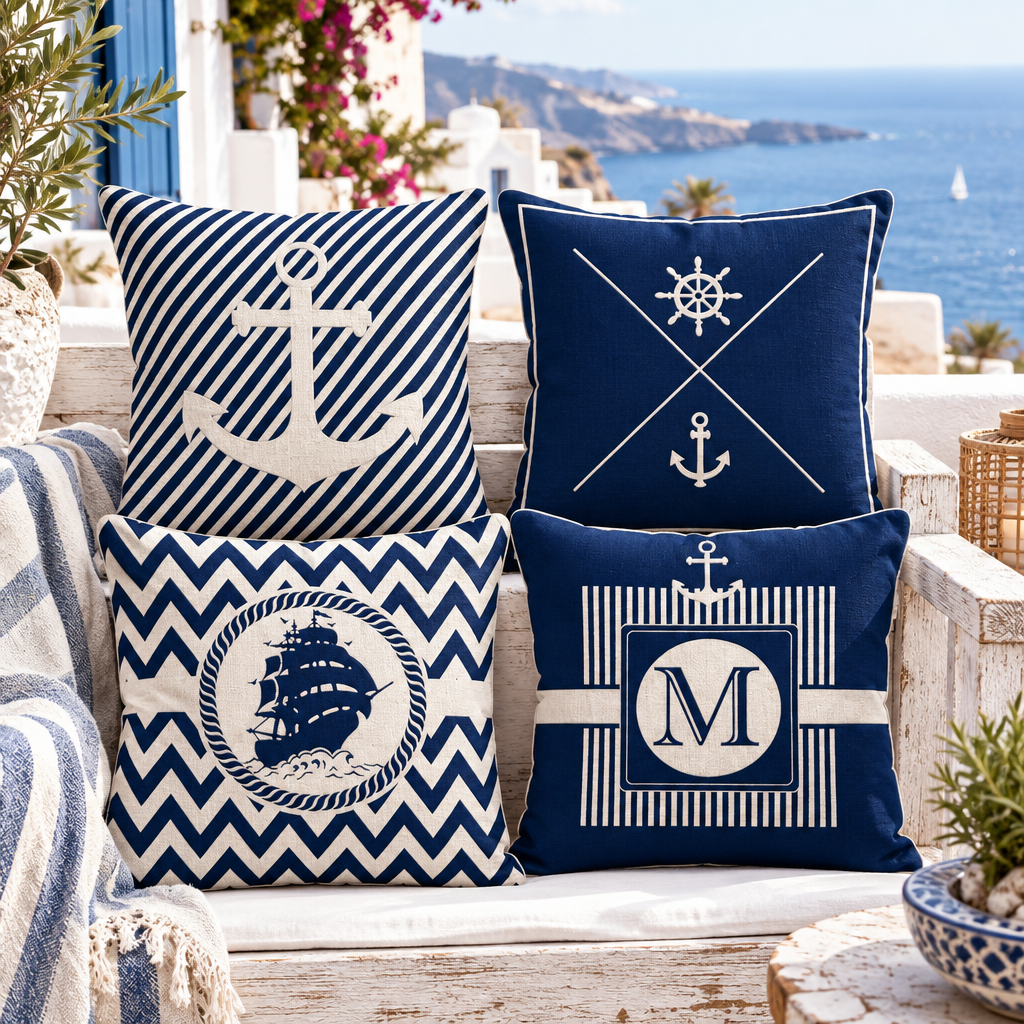 Housses de coussin nautiques sur terrasse en bois blanchi