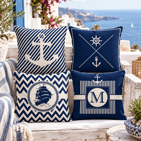 Housses de coussin nautiques sur terrasse en bois blanchi