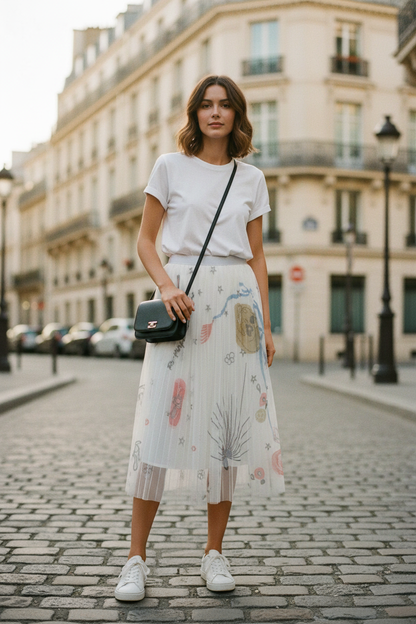 Jupe en tulle imprimée portée à Paris