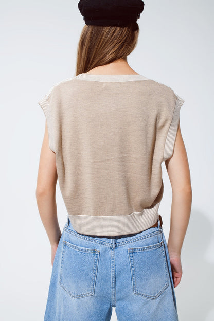 Gilet court tricoté à finitions côtelées beige MyParisMonaco
