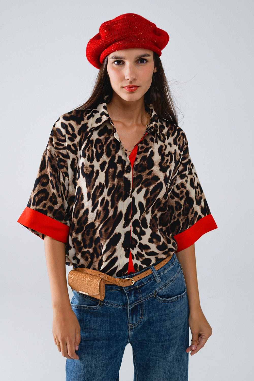 Chemise léopard manches 3/4 avec détails rouges MyParisMonaco