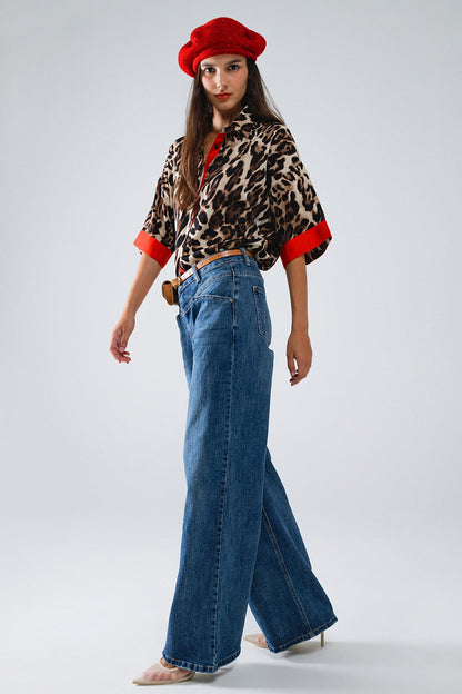 Chemise léopard manches 3/4 avec détails rouges MyParisMonaco