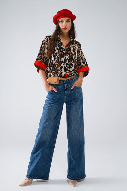 Chemise léopard manches 3/4 avec détails rouges MyParisMonaco