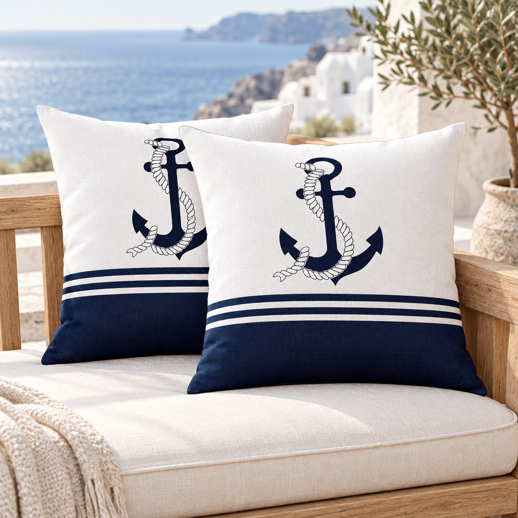 Lot de deux coussins sur une terrasse face à la mer