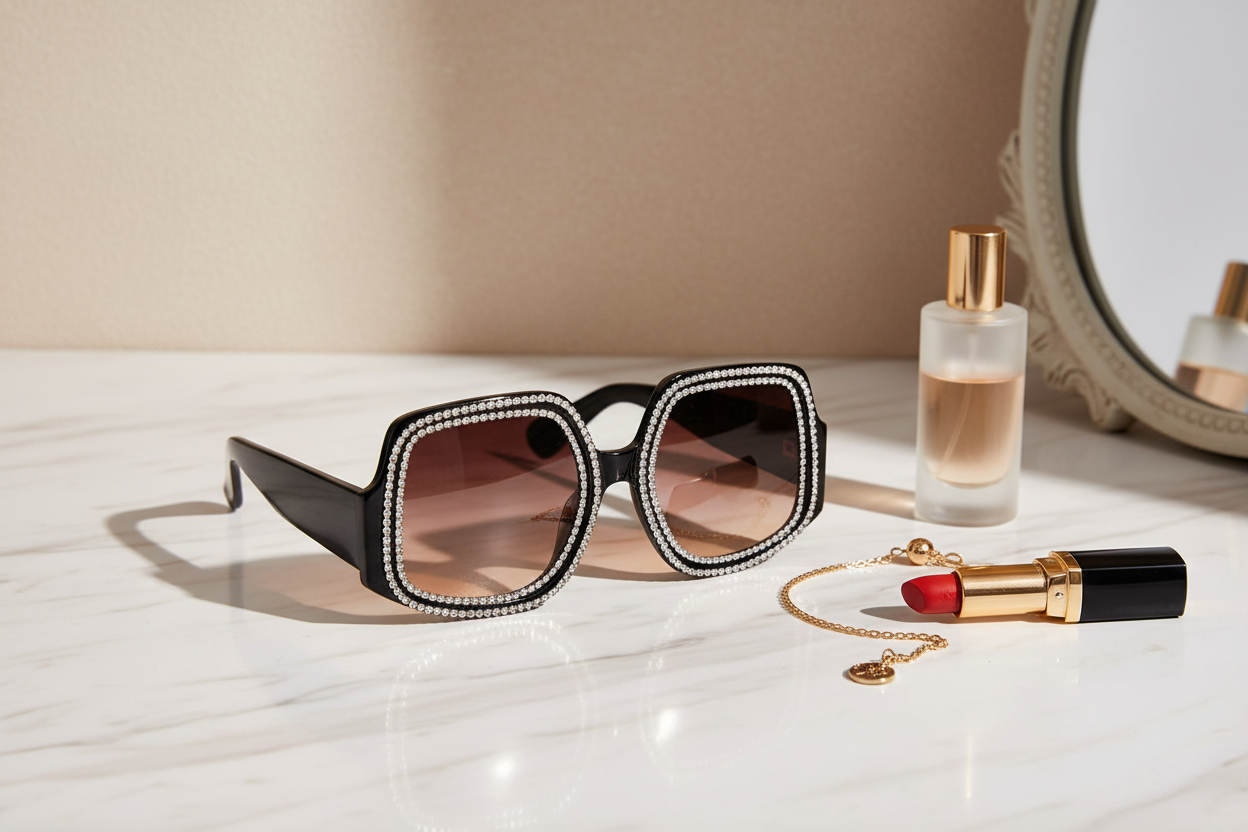 Lunettes de soleil carrées oversize avec cristaux - mise en situation