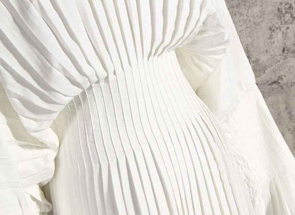 Robe chemise blanche plissée à manches longues - MyParisMonaco