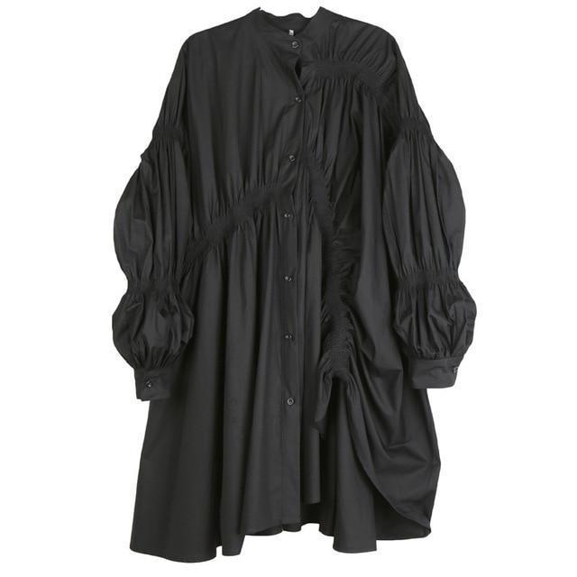 Robe-chemise noire plissée à manches longues MyParisMonaco