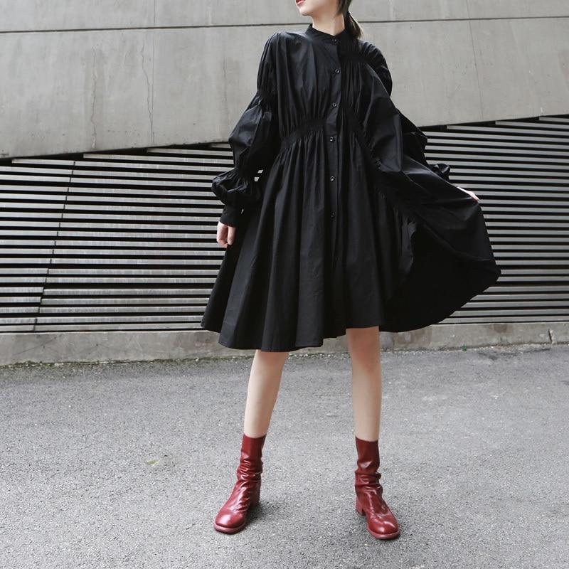 Robe-chemise noire plissée à manches longues MyParisMonaco