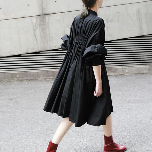 Robe-chemise noire plissée à manches longues MyParisMonaco