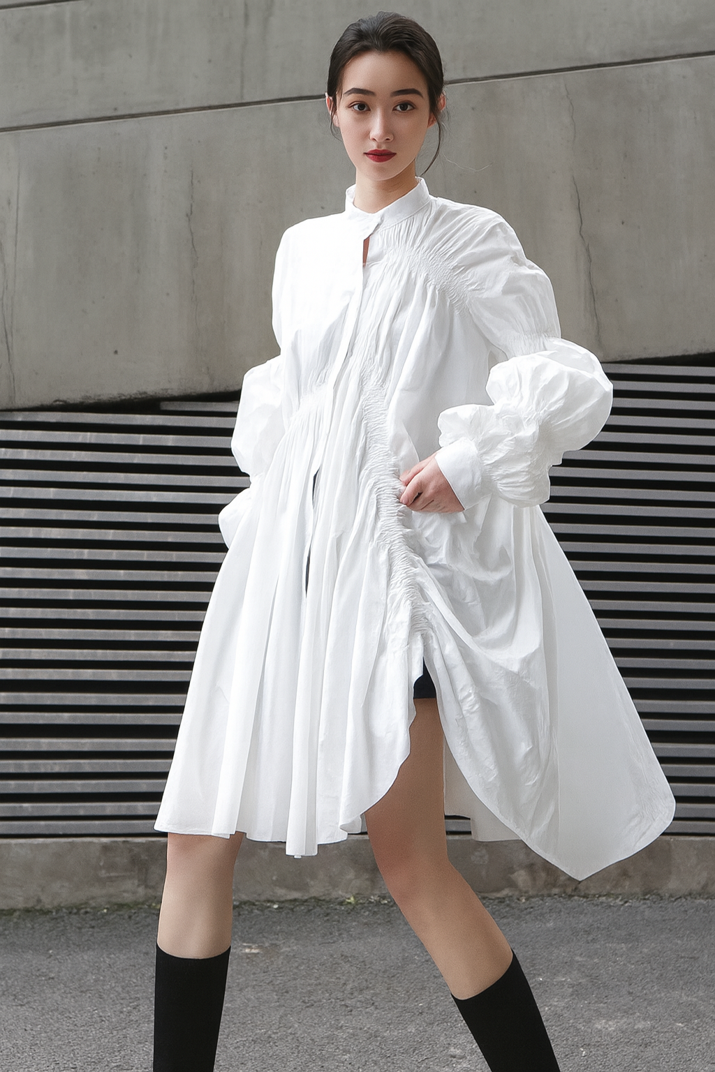 Robe-chemise blanche plissée à manches longues MyParisMonaco