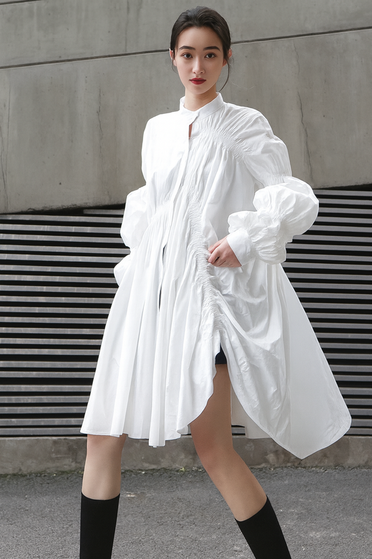 Robe-chemise blanche plissée à manches longues MyParisMonaco