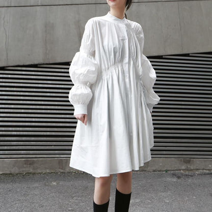 Robe-chemise blanche plissée à manches longues MyParisMonaco
