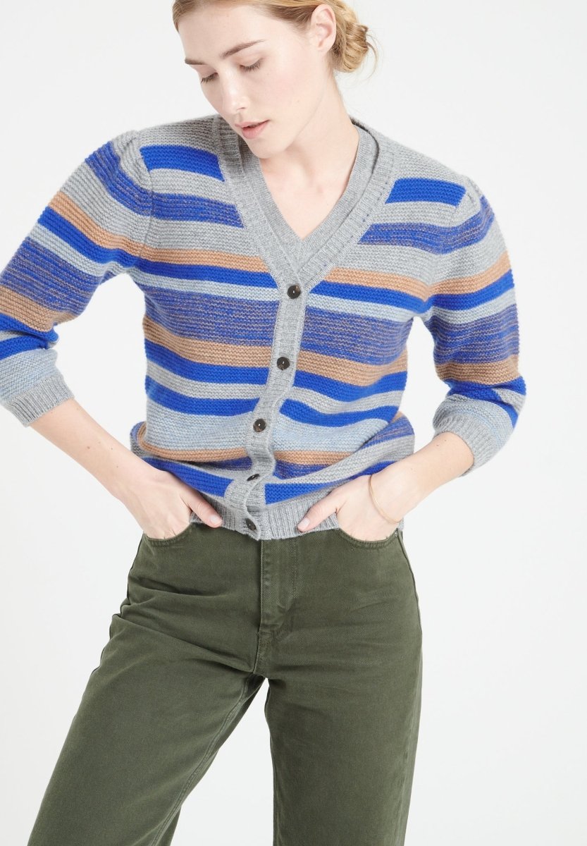Cardigan col V manches 3/4 en cachemire 6 fils rayures multicolores — Studio Cashmere8