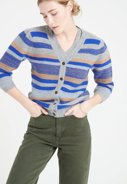 Cardigan col V manches 3/4 en cachemire 6 fils rayures multicolores — Studio Cashmere8