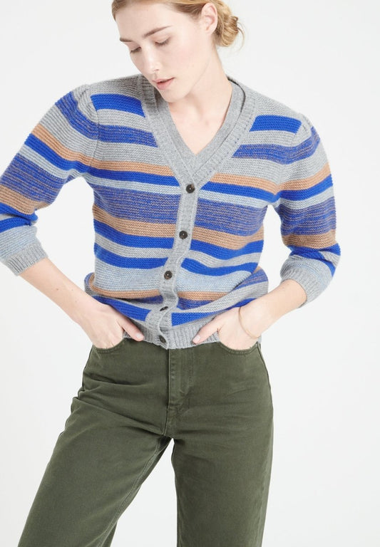 Cardigan col V manches 3/4 en cachemire 6 fils rayures multicolores — Studio Cashmere8