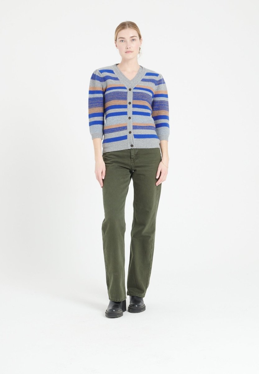 Cardigan col V manches 3/4 en cachemire 6 fils rayures multicolores — Studio Cashmere8