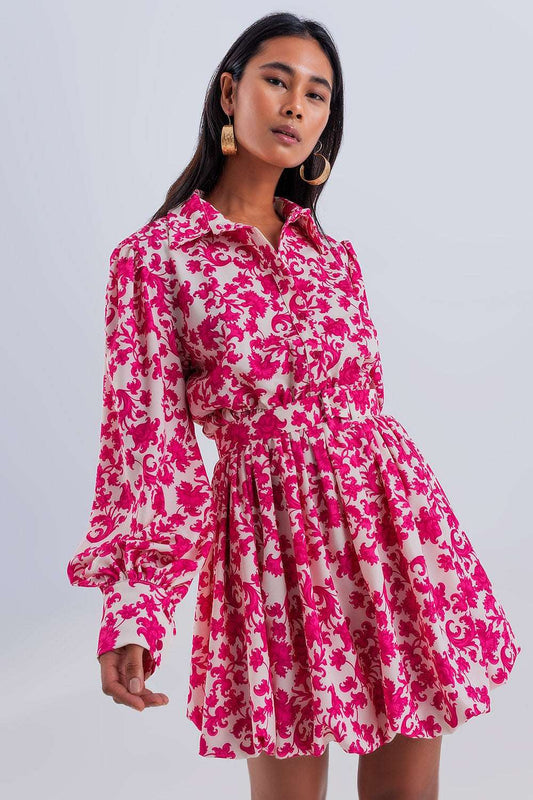 Robe smock courte imprimé floral fuchsia