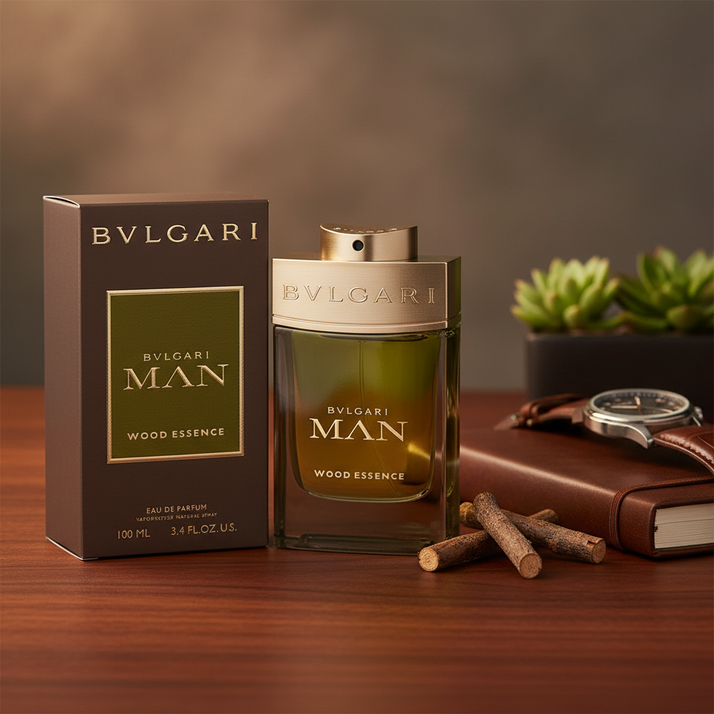 Parfum Bvlgari Man Wood Essence avec arrière-plan