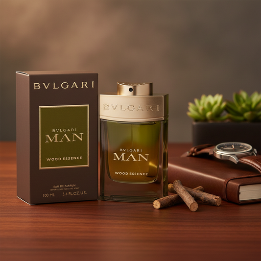 Parfum Bvlgari Man Wood Essence avec arrière-plan