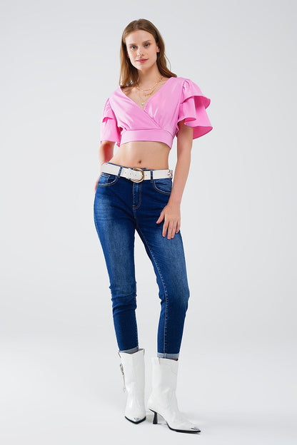 Crop top rose à manches courtes et col V MyParisMonaco