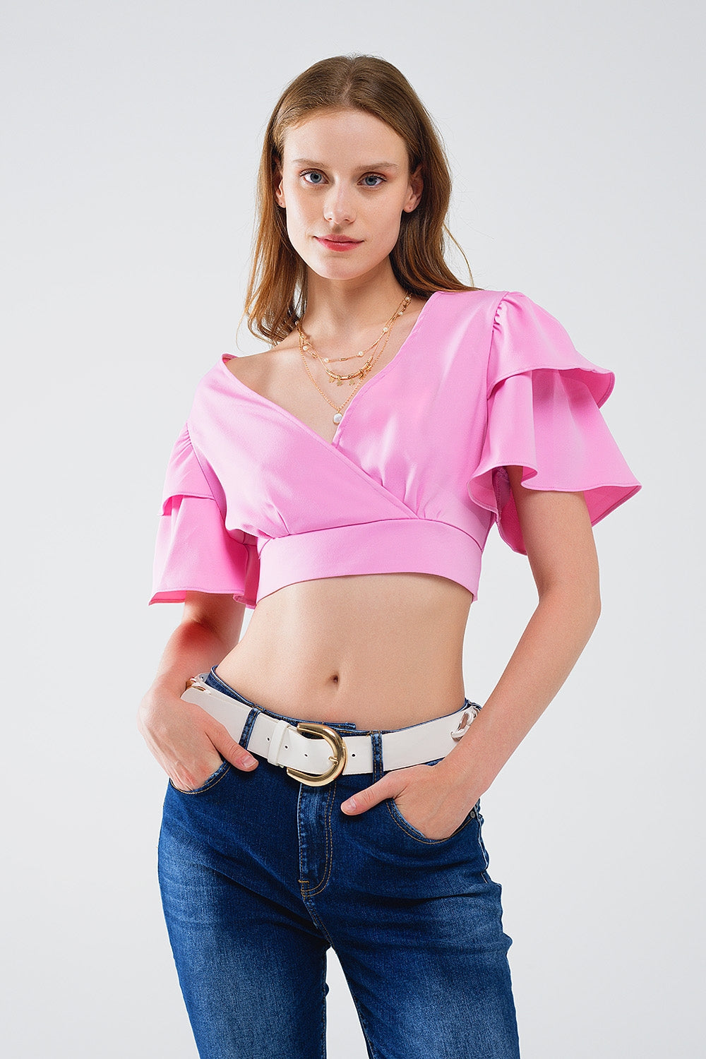Crop top rose à manches courtes et col V MyParisMonaco