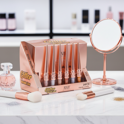 Présentoir eyeliners pailletés RMI avec arrière-plan