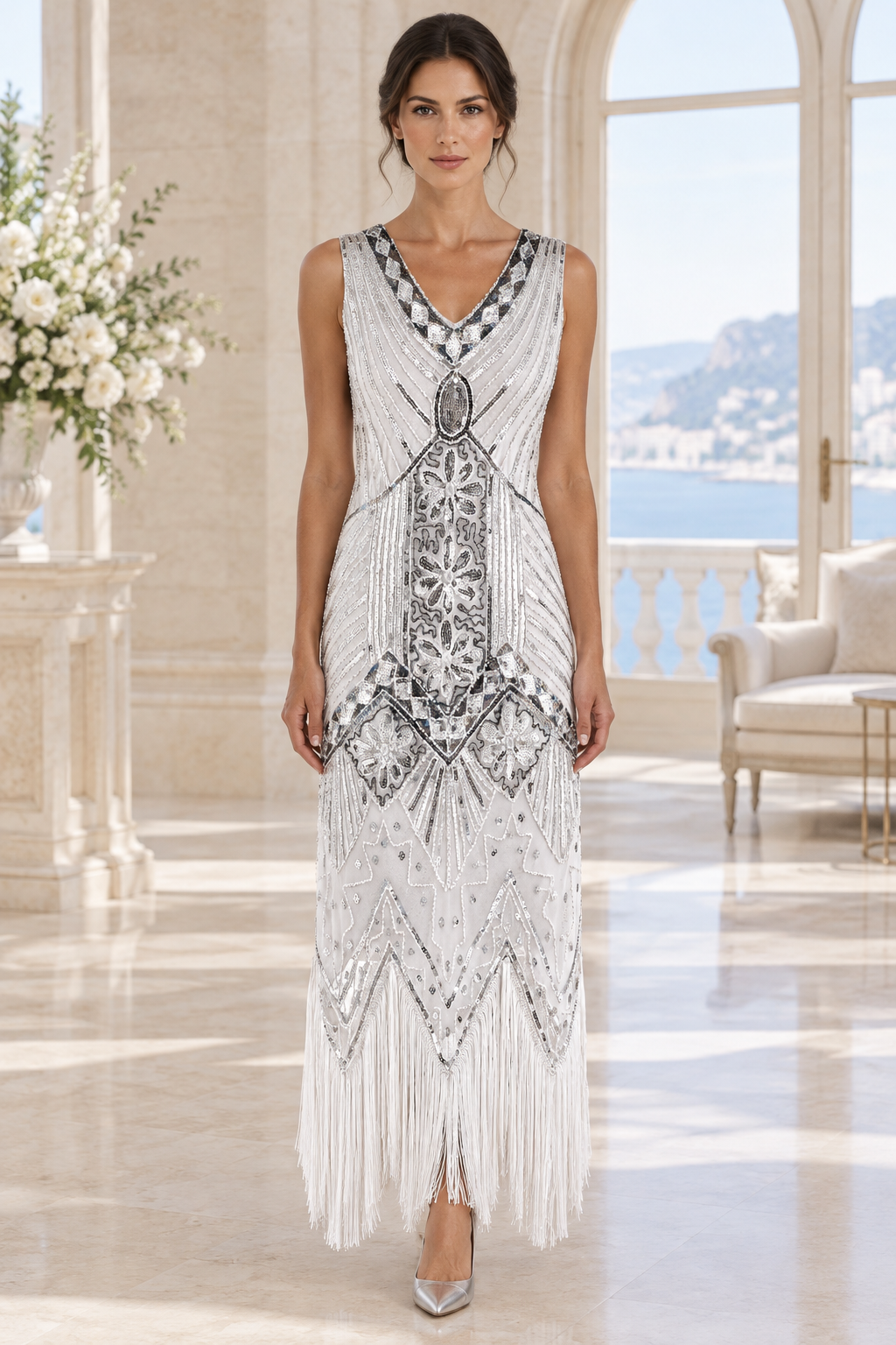 Robe blanche et argentée dans un décor lumineux