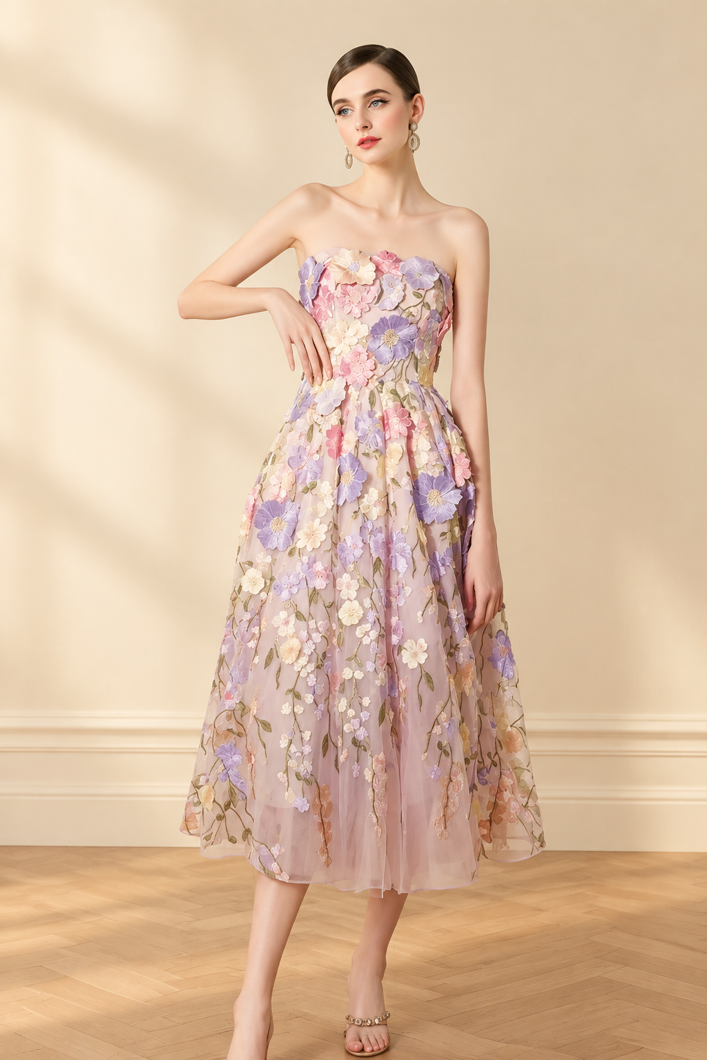 Robe bustier appliques multicolores — fond chaud
