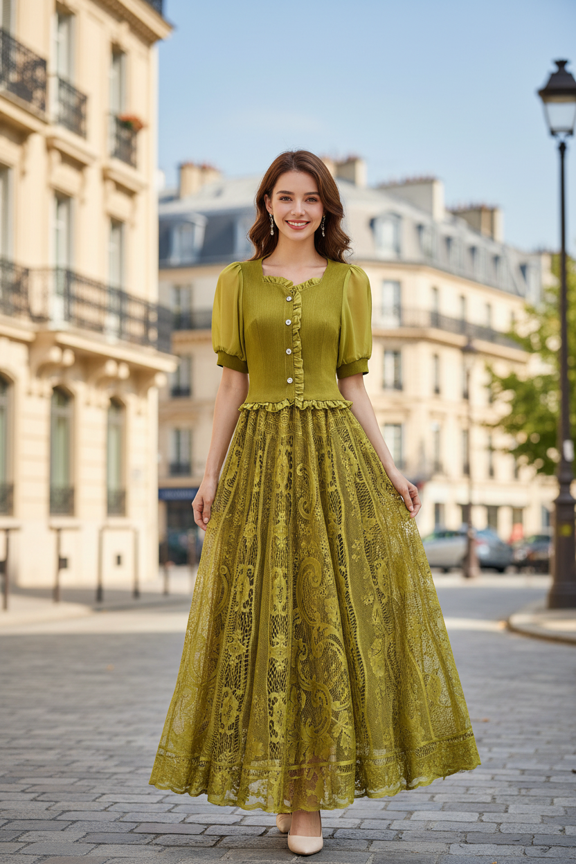Robe longue dentelle vert olive sur mannequin