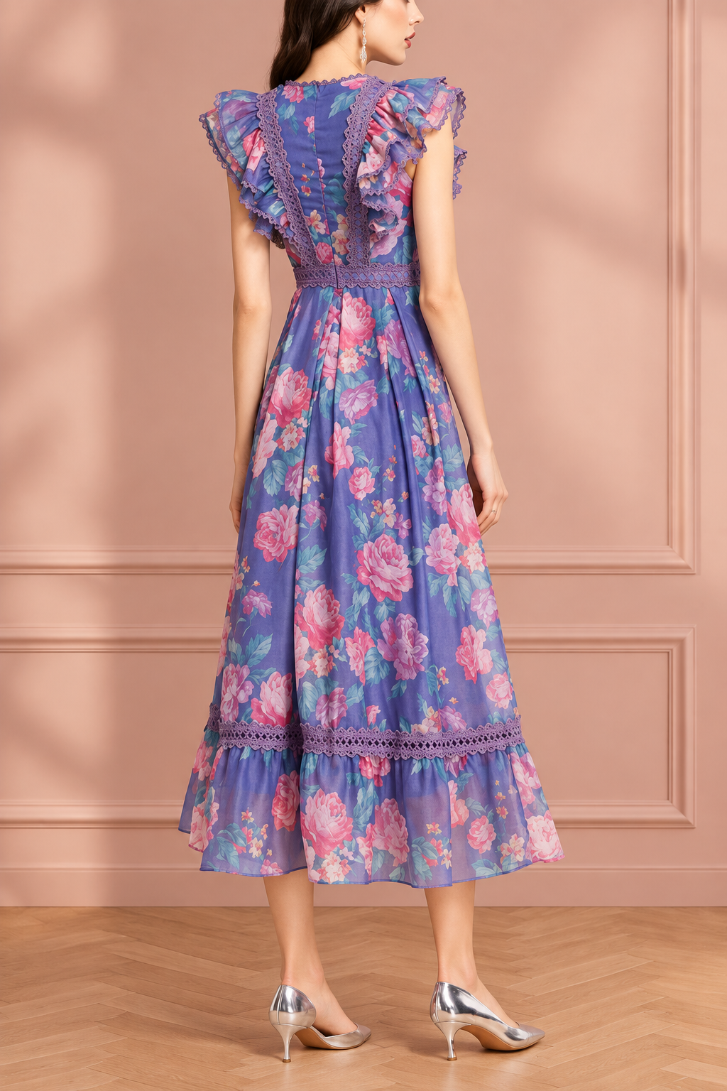 Robe roses lavande — dos — fond rosé