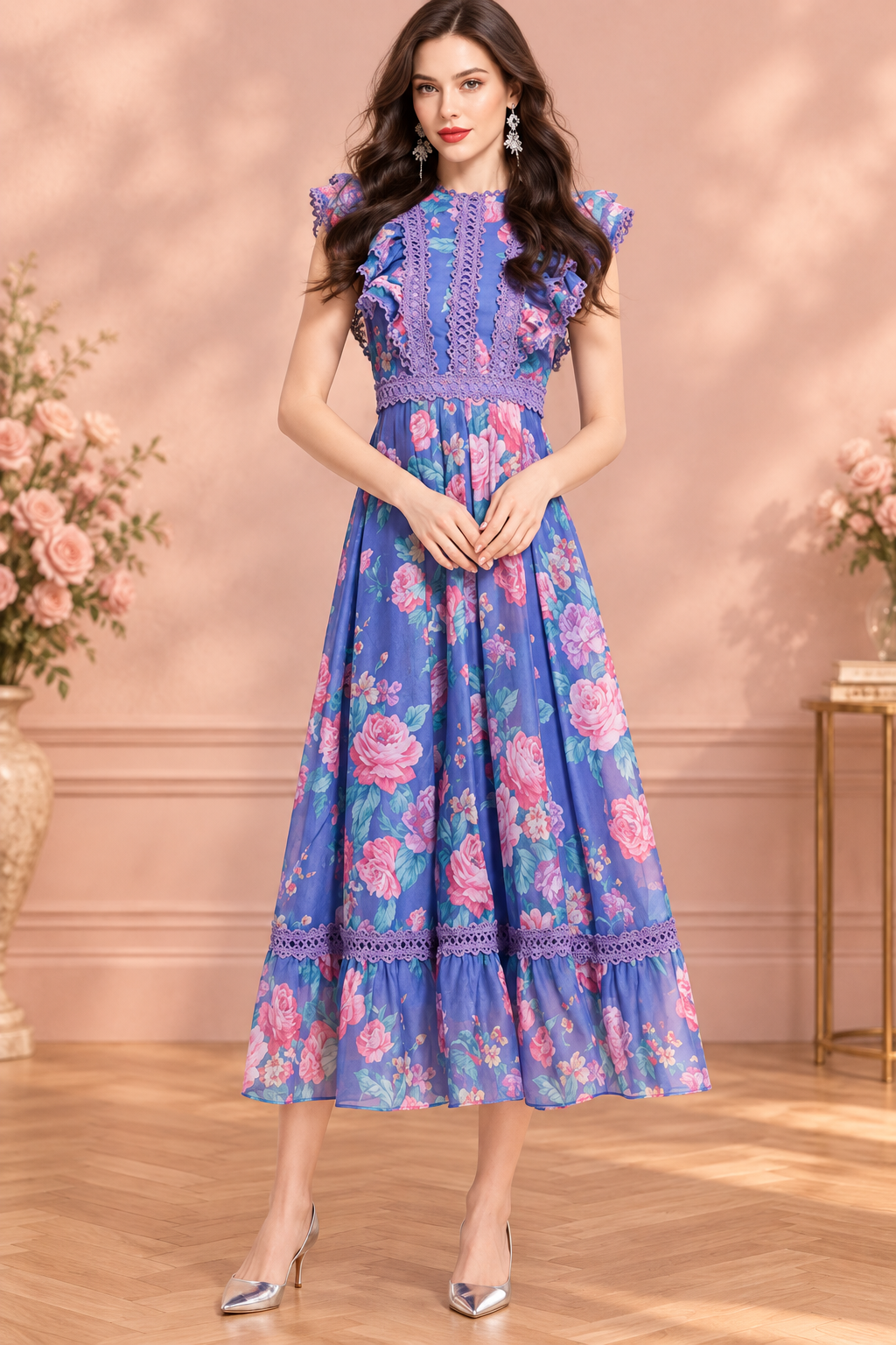 Robe roses lavande — face — fond rosé