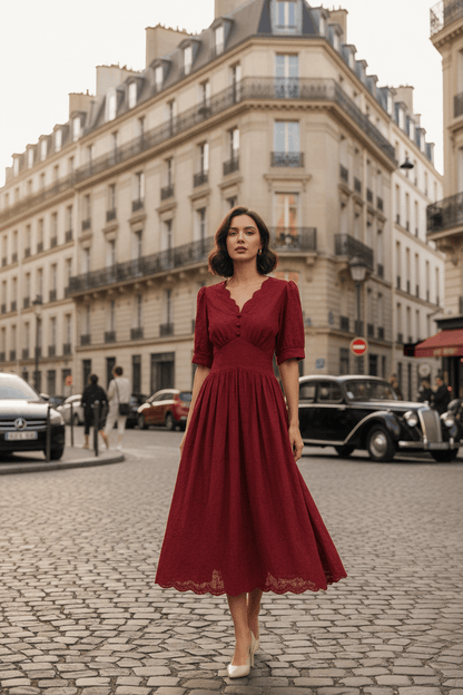 Robe rouge portée dans une rue parisienne