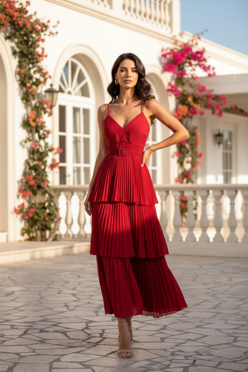 Robe midi à bretelles spaghetti plissée avec ceinture
