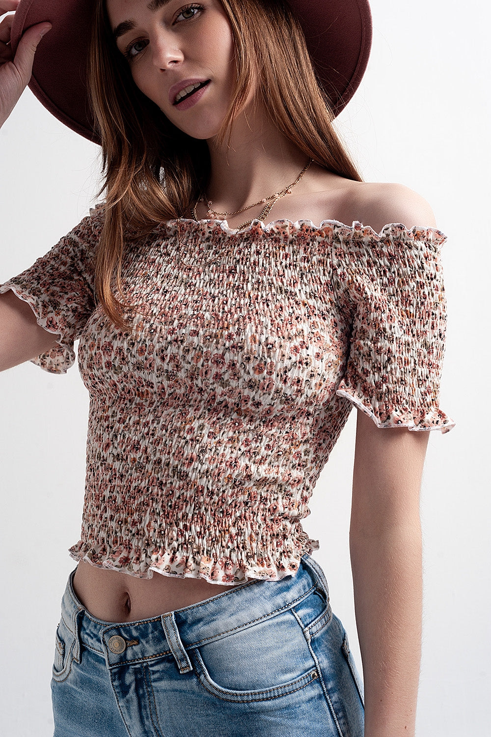 Haut froncé à imprimé fleuri rose MyParisMonaco