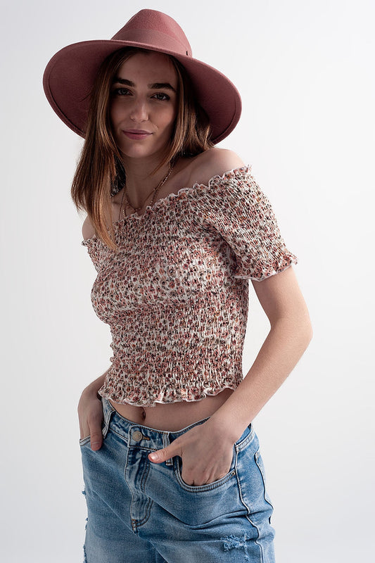 Haut froncé à imprimé fleuri rose MyParisMonaco