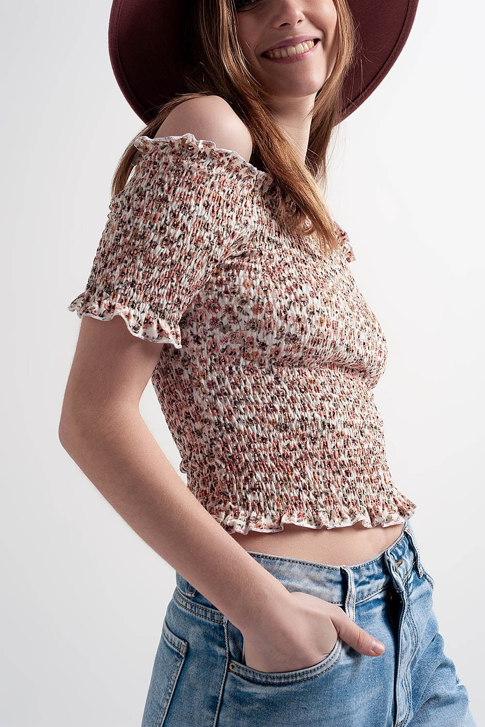 Haut froncé à imprimé fleuri rose MyParisMonaco