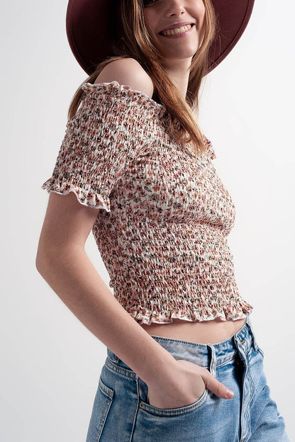 Haut froncé à imprimé fleuri rose MyParisMonaco