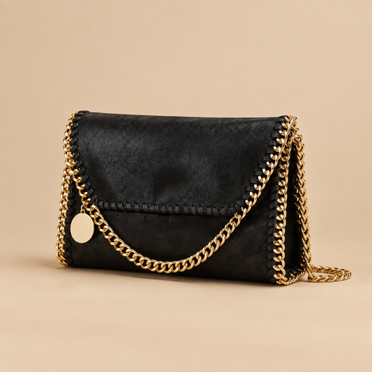 Sac bandoulière noir chaîne dorée — trois quarts
