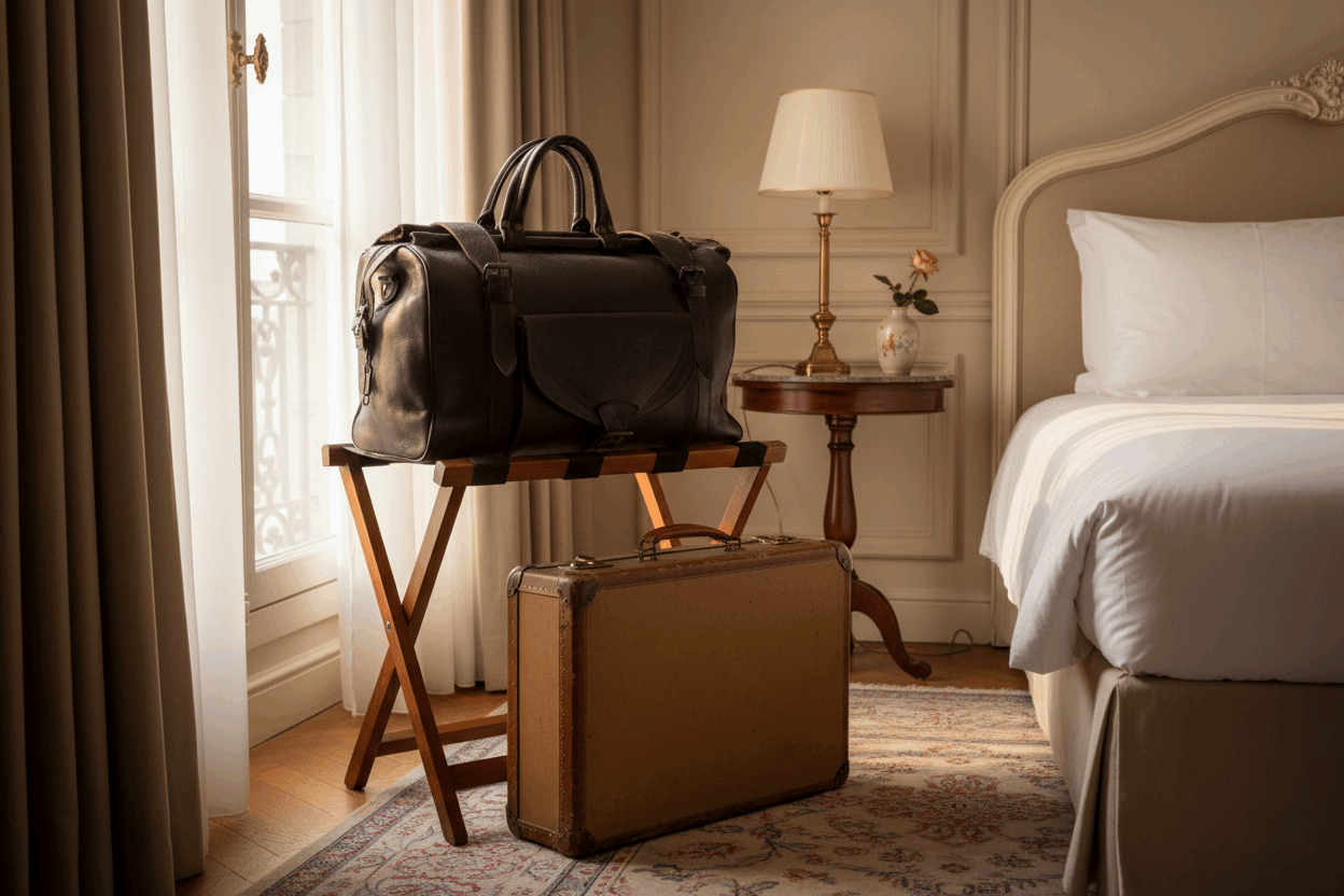 Sac de voyage vintage noir en contexte