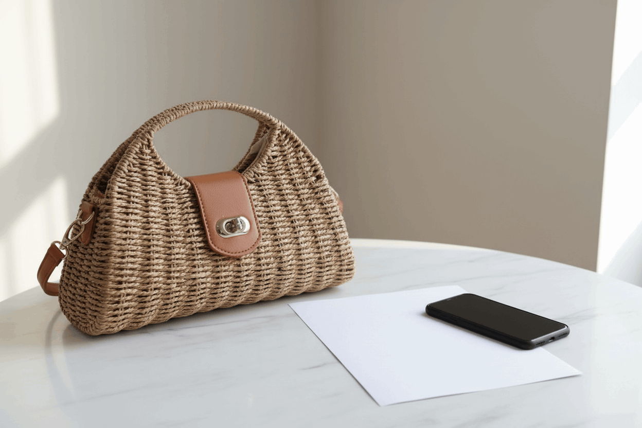 Sac en paille avec mise en contexte de taille