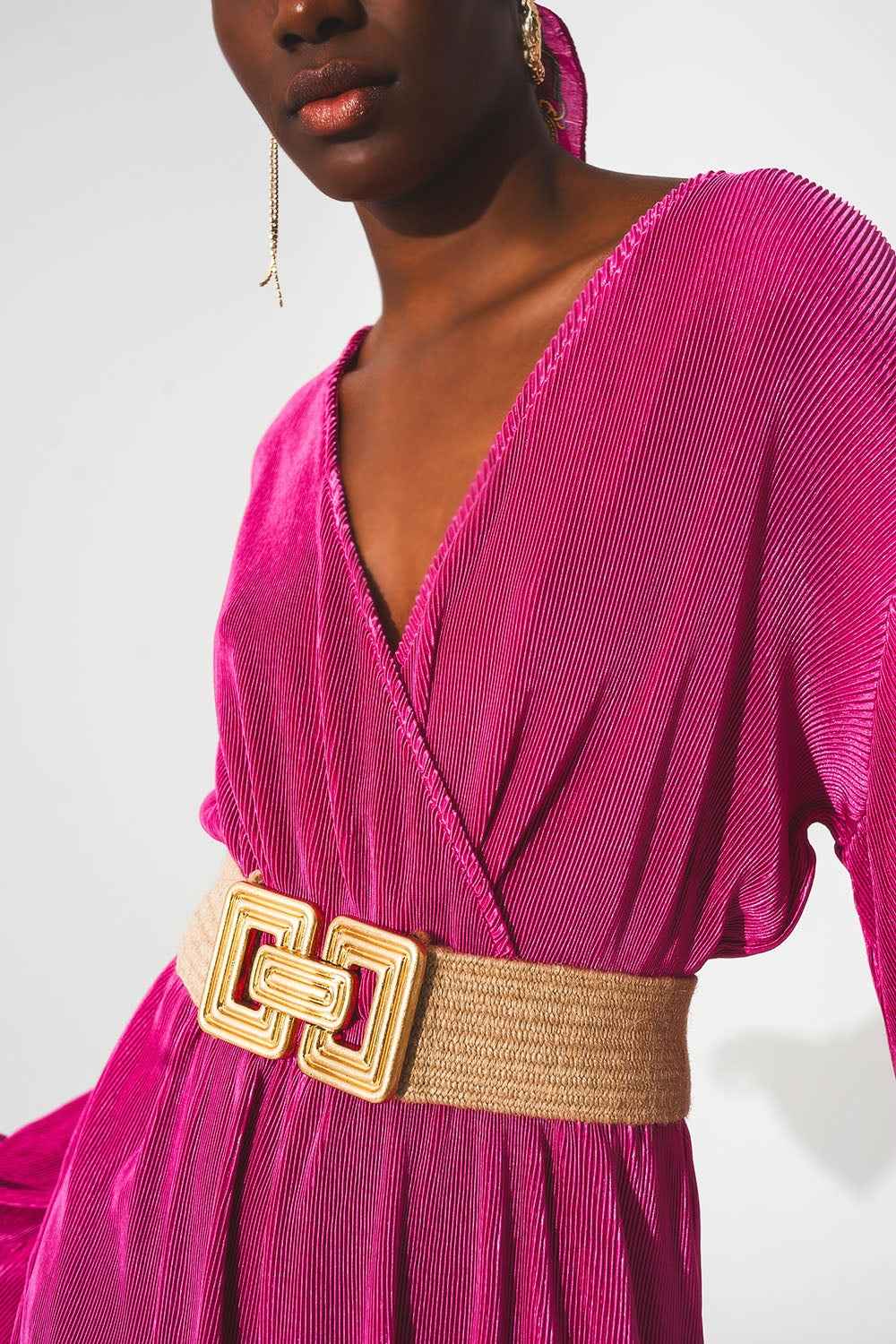 Combishort court en satin plissé cache-cœur fuchsia