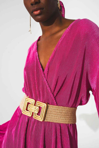 Combishort court en satin plissé cache-cœur fuchsia