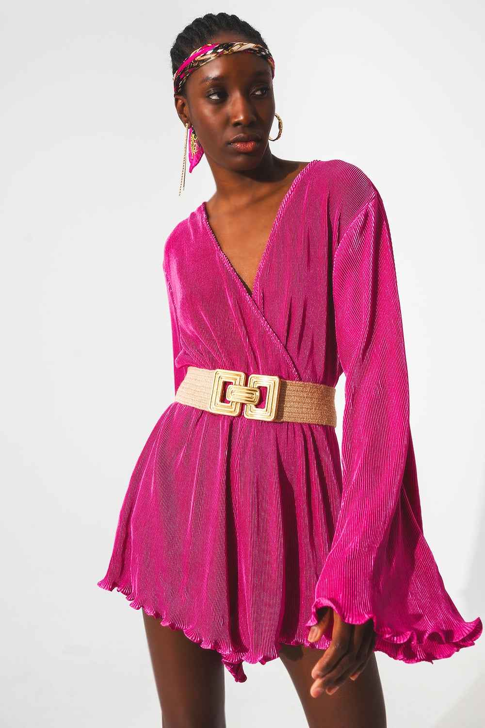 Combishort court en satin plissé cache-cœur fuchsia