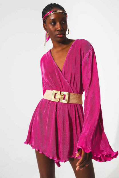 Combishort court en satin plissé cache-cœur fuchsia