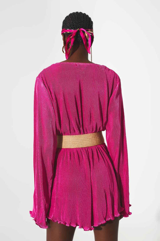 Combishort court en satin plissé cache-cœur fuchsia