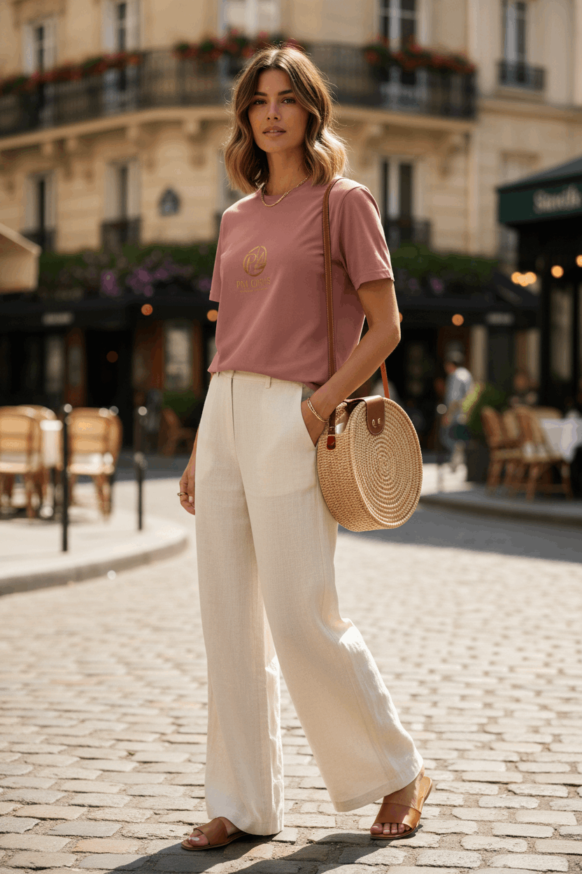 T-shirt PM Girls mauve porté par une femme parisienne